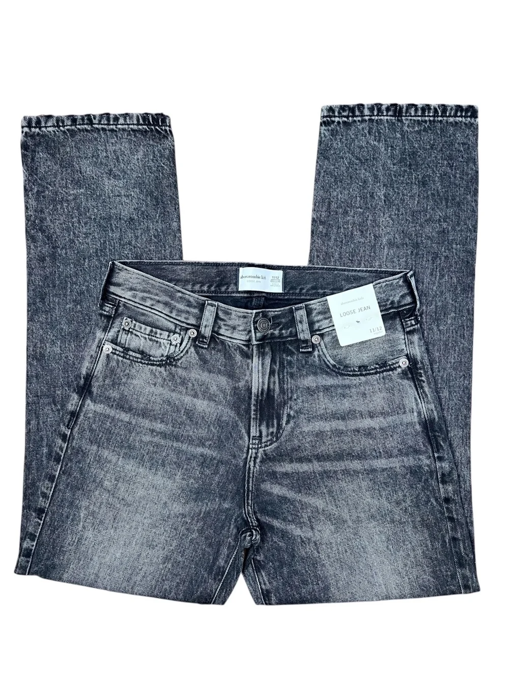 NWT Abercrombie Kids Black Acid Wash Loose Fit Jeans Size 11/12 Regular